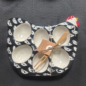 Ceramic Black & White Chicken Egg Serving Plate with Wooden Fork